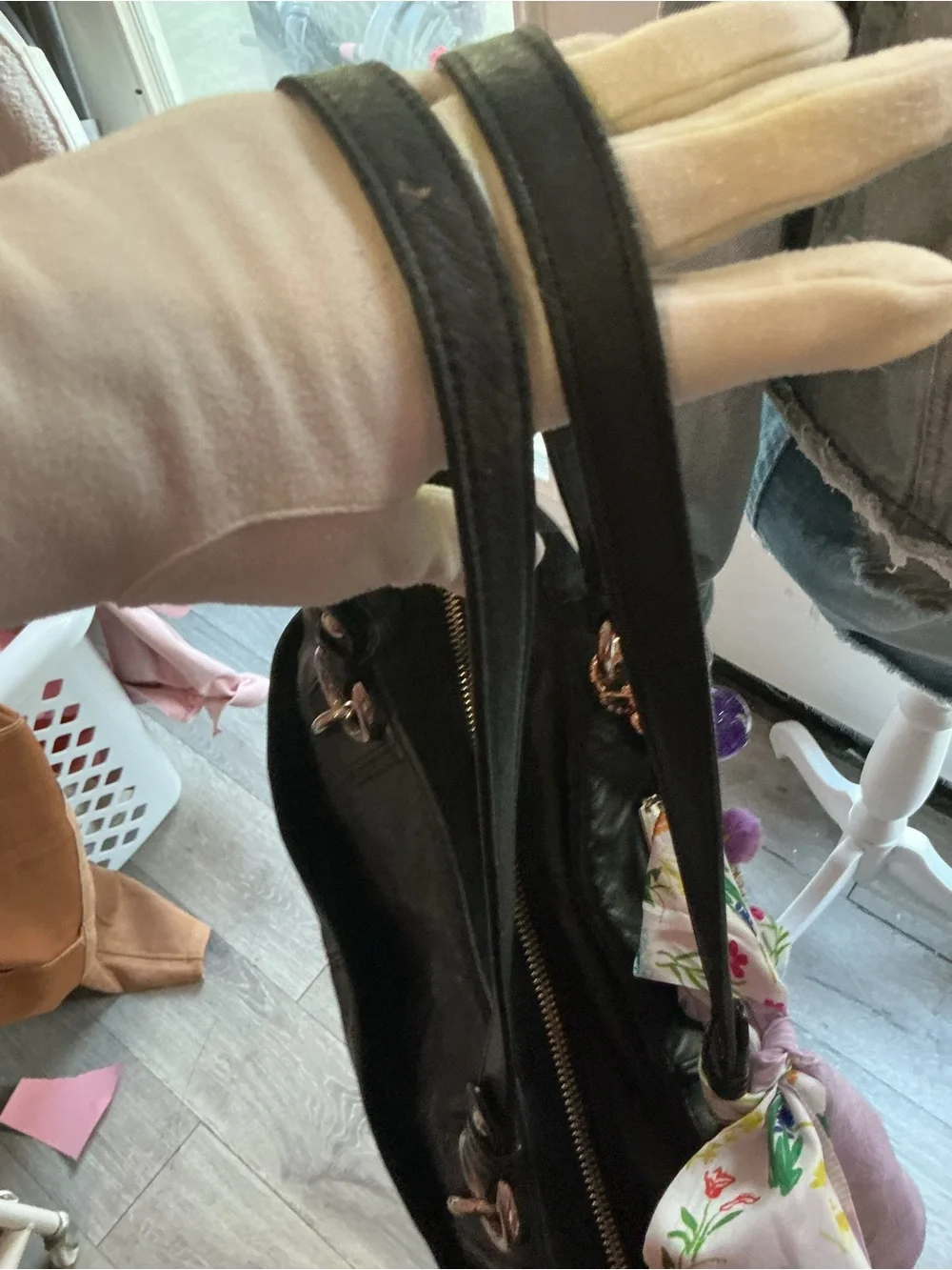 Coach Black Leather Tote with Purple Charm Details